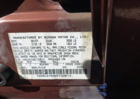 1998 Nissan Altima Gle/Gxe/Se/Xe z USA, uszkodzony, nr VIN 1N4DL01D3WC133813